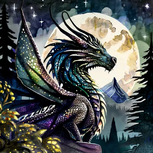 Prompt: Dragon overlooking forest, watercolored, detailed scales, starry night sky, high quality, fantasy, majestic, dark tones, atmospheric lighting, detailed forest, intense gaze, mythical creature, ancient, magical