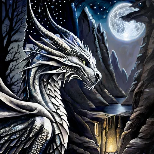 Prompt: Silver Dragon overlooking cave, oil painting, detailed scales, starry night sky, high quality, fantasy, majestic, dark tones, atmospheric lighting, detailed forest, intense gaze, mythical creature, ancient, wallpaper