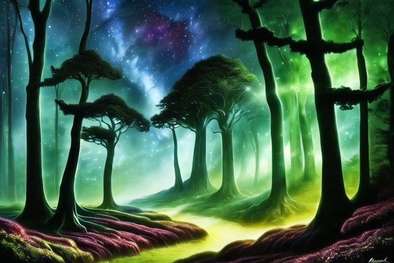 Prompt: Fae, oil painting, detailed trees, starry night sky, high quality, fantasy, majestic, dark tones, atmospheric lighting, detailed forest, intense gaze, mythical creature, Dark Forest, rocks