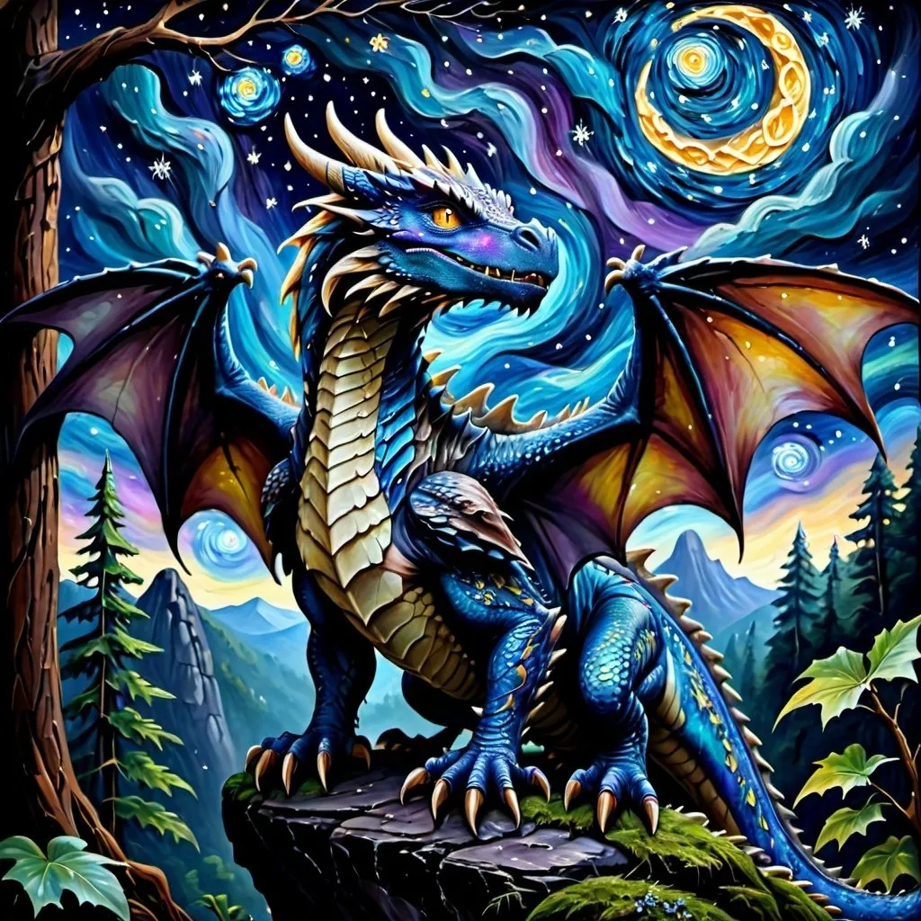 Prompt: Dragon overlooking forest, oil painting, detailed scales, starry night sky, high quality, fantasy, majestic, dark tones, atmospheric lighting, detailed forest, intense gaze, mythical creature, ancient, magical