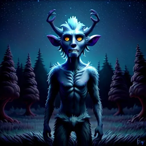 Prompt: ancient wendigo, oil painting, detailed trees, starry night sky, high quality, fantasy, majestic, dark tones, atmospheric lighting, detailed forest, intense gaze, mythical creature, Dark Forest, Fae