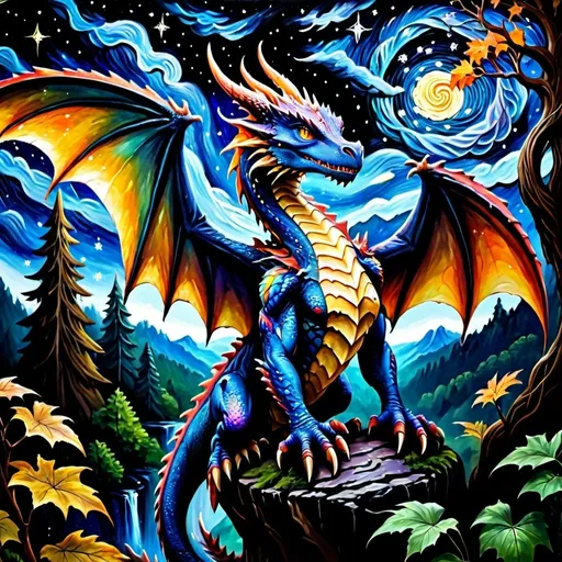 Prompt: Dragon overlooking forest, oil painting, detailed scales, starry night sky, high quality, fantasy, majestic, dark tones, atmospheric lighting, detailed forest, intense gaze, mythical creature, ancient, magical