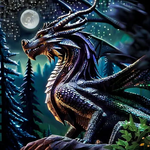 Prompt: Dragon overlooking forest, detailed scales, starry night sky, high quality, fantasy, majestic, dark tones, atmospheric lighting, detailed forest, intense gaze, mythical creature, ancient, magical