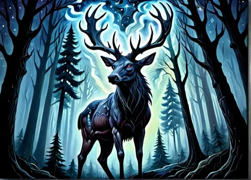 Prompt: Dark forest, oil painting, detailed trees, starry night sky, high quality, fantasy, majestic, dark tones, atmospheric lighting, detailed forest, intense gaze, mythical creature, ancient wendigo