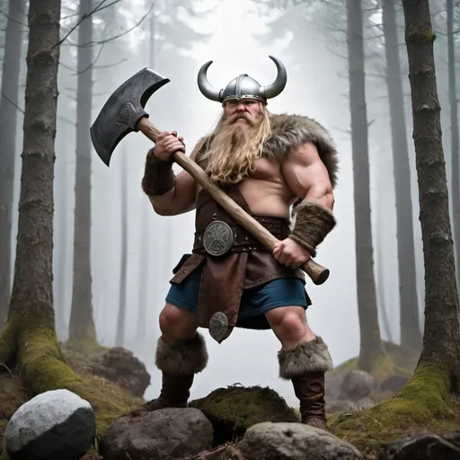 Prompt: A big viking whit a big axe . The background is in a florest