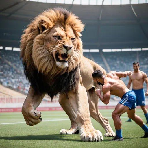 Prompt: muscle man fighting lions in soccer stadium