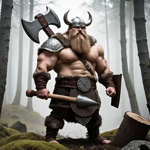 Prompt: A big viking whit a big axe . The background is in a florest