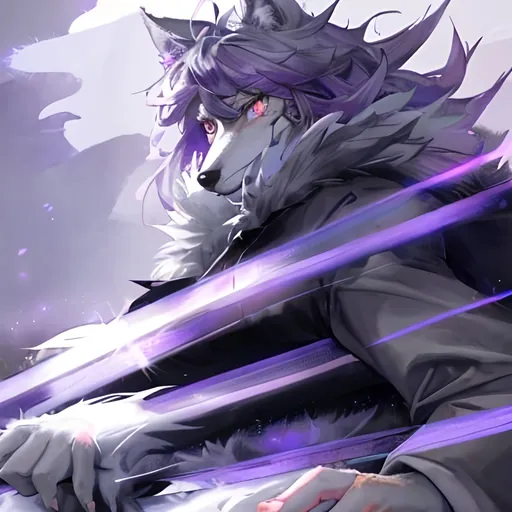 Prompt: A magical big wolf. Thw fur is grey and the eyes are purple.