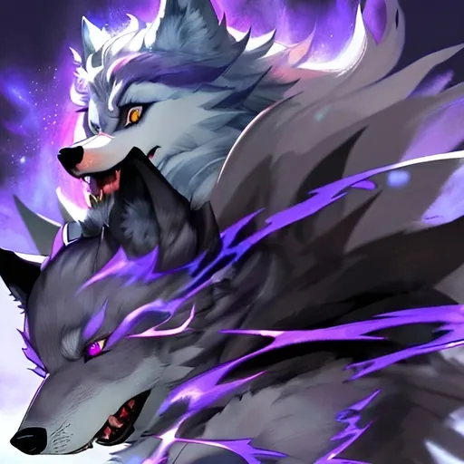 Prompt: A magical big wolf. The fur is grey and the eyes are purple.