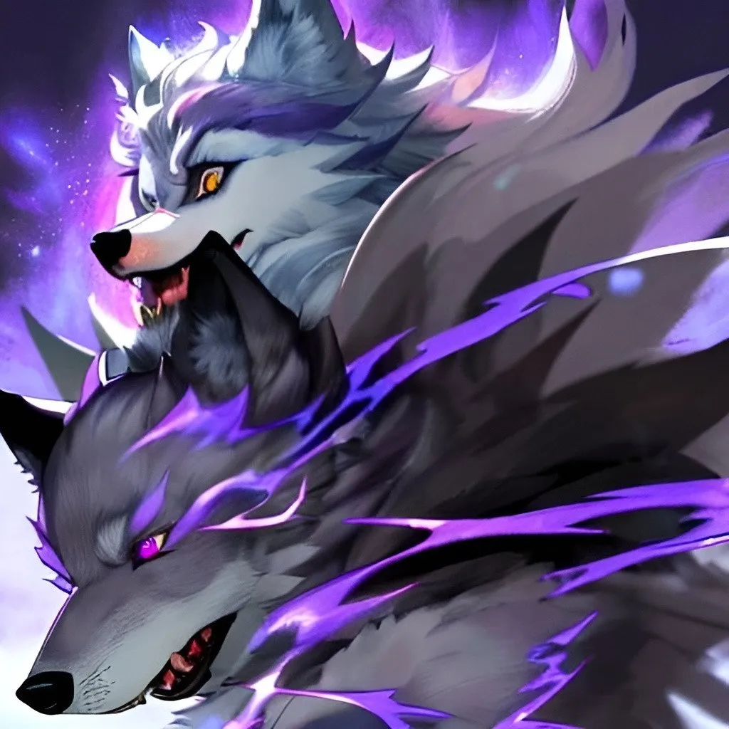 Prompt: A magical big wolf. The fur is grey and the eyes are purple.