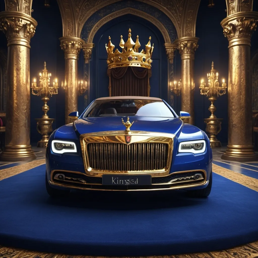 Prompt: (king with an extravagant car), regal attire, (luxurious car), medieval crown, majestic background, dramatic lighting, golden and royal blue tones, opulent atmosphere, ultra-detailed, high definition, 4K, cinematic quality, dreamlike scenery, detailed textures, rich fabrics, intricate designs, elegant landscape, powerful presence, grandiose setting, rich detailing.