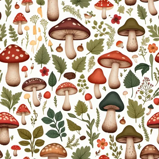 Prompt: cottagecore pattern. with mushrooms, farm plants, some small animals and fruits/veggies