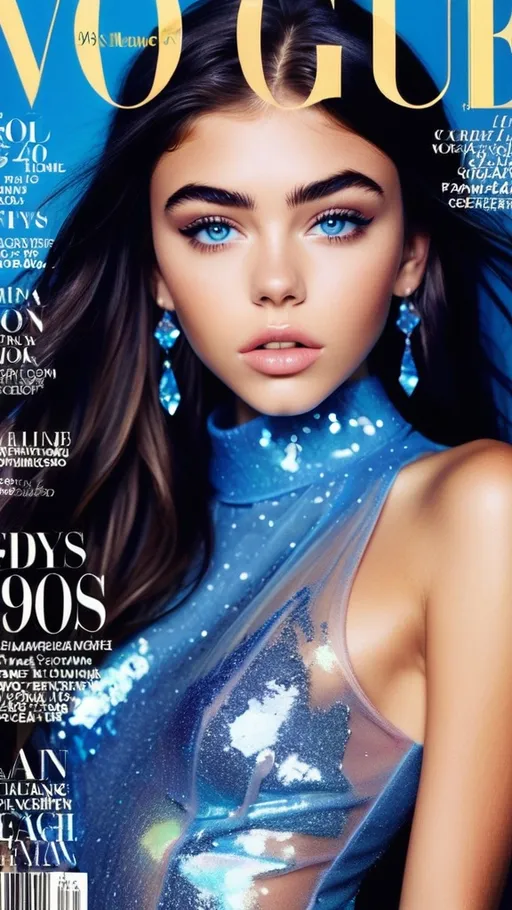 Prompt: (90s Vogue Magazine Cover), ethereal and whimsical, (vibrant color scheme), high-fashion editorial style, Madison Beer, (perfect and symmetrical face), striking blue eyes, enchanting expression, pretty lips, luxurious glittery details, magical aesthetic, ultra-detailed, sparkly, glossy finish, captivating photography with dramatic lighting, alluring atmosphere, cosmopolitan elegance, celebrity fashion icon, stylish and trendy presentation.