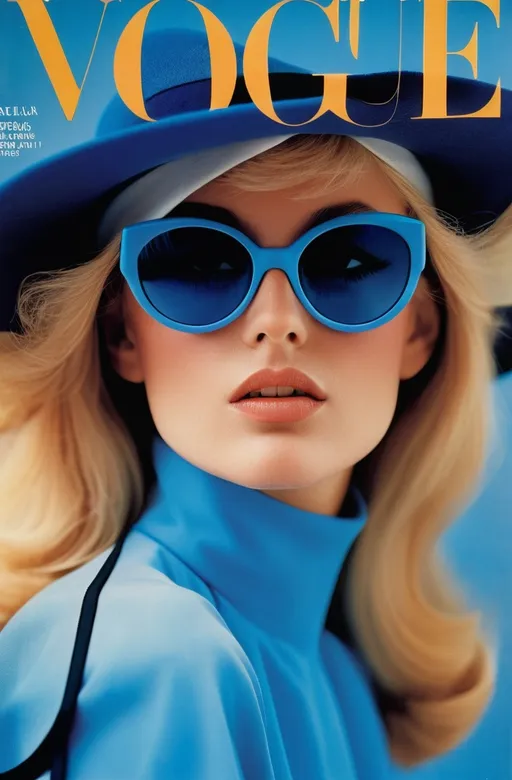 Prompt: a woman wearing sunglasses and a blue hat on the cover of Vogue magazine with blonde hair and blue eyeshade, Barbara Greg, neoclassicism, vogue, a poster, 80s, 