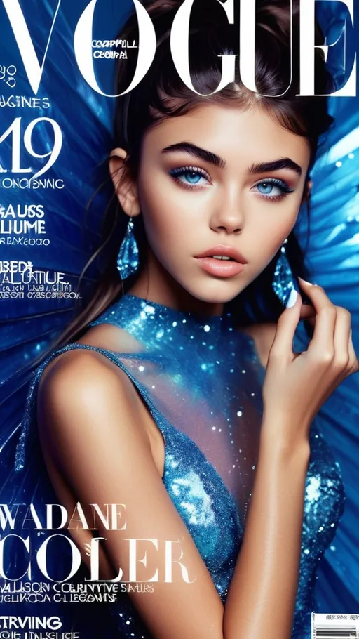 Prompt: (90s Vogue Magazine Cover), ethereal and whimsical, (vibrant color scheme), high-fashion editorial style, Madison Beer, (perfect and symmetrical face), striking blue eyes, enchanting expression, pretty lips, luxurious glittery details, magical aesthetic, ultra-detailed, sparkly, glossy finish, captivating photography with dramatic lighting, alluring atmosphere, cosmopolitan elegance, celebrity fashion icon, stylish and trendy presentation.