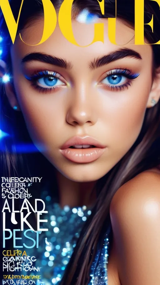 Prompt: (90s Vogue Magazine Cover), ethereal and whimsical, (vibrant color scheme), high-fashion editorial style, Madison Beer, (perfect and symmetrical face), striking blue eyes, enchanting expression, pretty lips, luxurious glittery details, magical aesthetic, ultra-detailed, sparkly, glossy finish, captivating photography with dramatic lighting, alluring atmosphere, cosmopolitan elegance, celebrity fashion icon, stylish and trendy presentation.