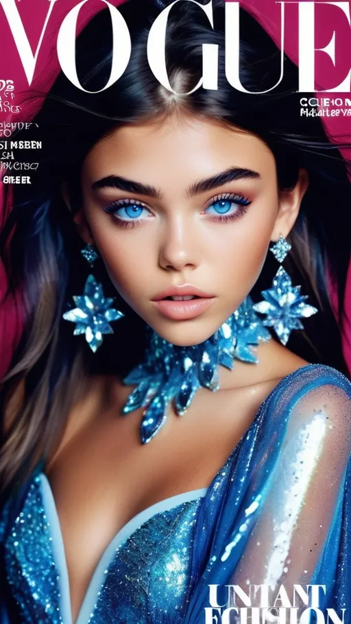 Prompt: (90s Vogue Magazine Cover), ethereal and whimsical, (vibrant color scheme), high-fashion editorial style, Madison Beer, (perfect and symmetrical face), striking blue eyes, enchanting expression, pretty lips, luxurious glittery details, magical aesthetic, ultra-detailed, sparkly, glossy finish, captivating photography with dramatic lighting, alluring atmosphere, cosmopolitan elegance, celebrity fashion icon, stylish and trendy presentation.