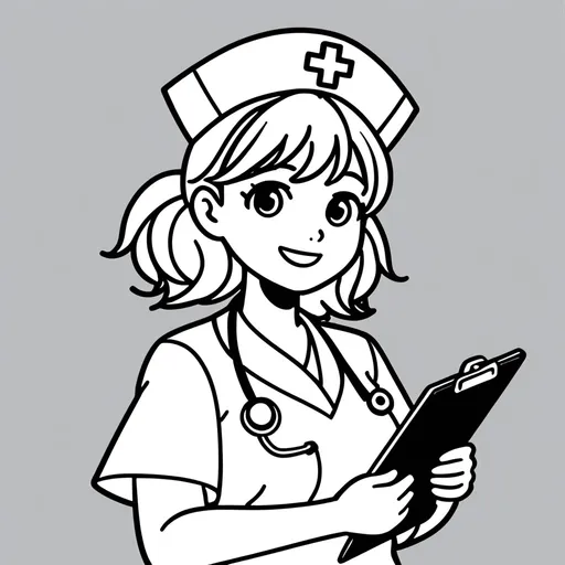 Prompt: The illustration should be in [SUPER SIMPLE], black and white, bold line art with a clear, mostly empty background. [INCLUDES ONLY OUTLINES WITH NO FILLED IN BLACK AREAS, ensuring no shading, no complex images, and making it very easy to color in between the lines] – A smiling nurse holding a clipboard.


