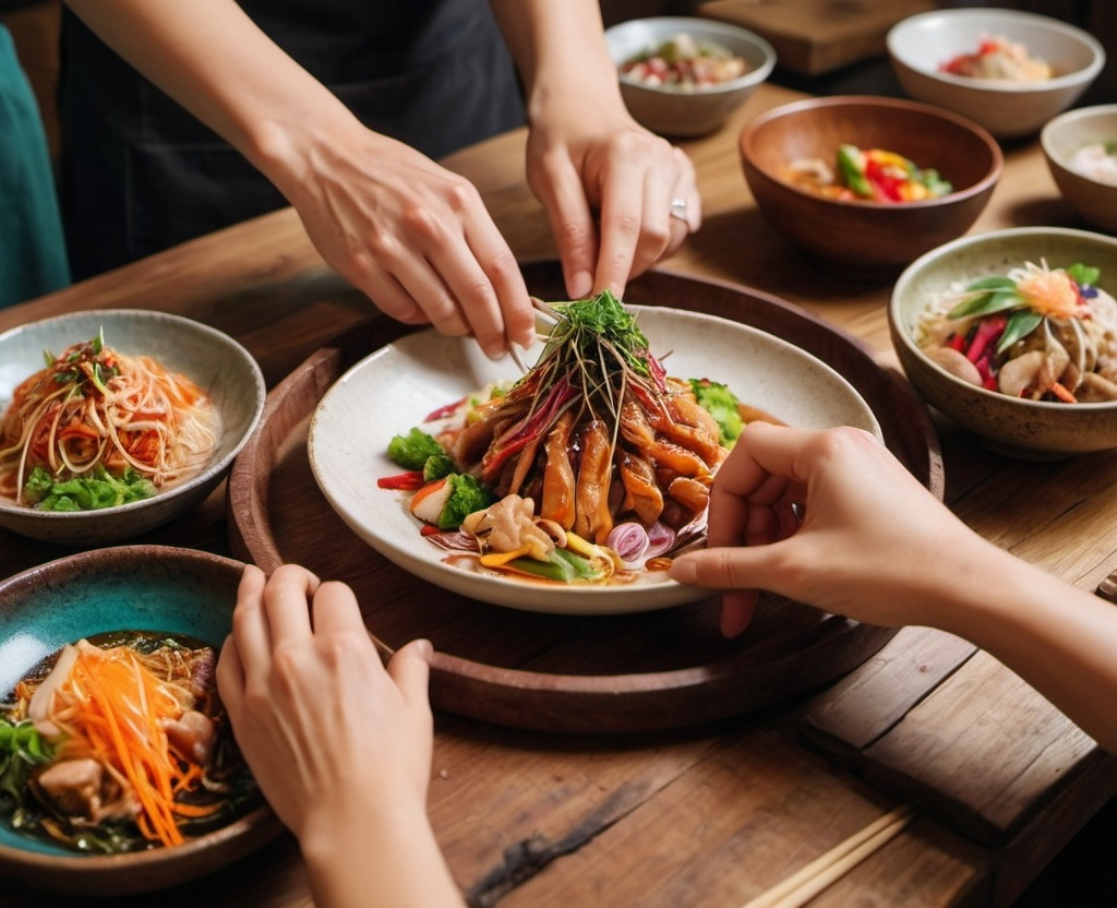 Prompt: A close-up shot of couple’s hands carefully garnishing a gourmet dish, surrounded by colorful asian food with a rustic kitchen background.