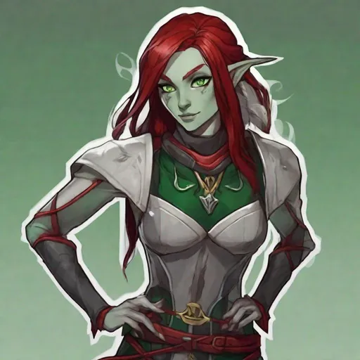 Prompt: A female half-dark elf, ash-grey skin, ruby red shoulder length hair, emerald green eyes. Slender-athletic physique.