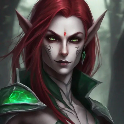 Prompt: A female dark elf, ash-grey skin, ruby red shoulder length hair, emerald green eyes. Slender-athletic physique.