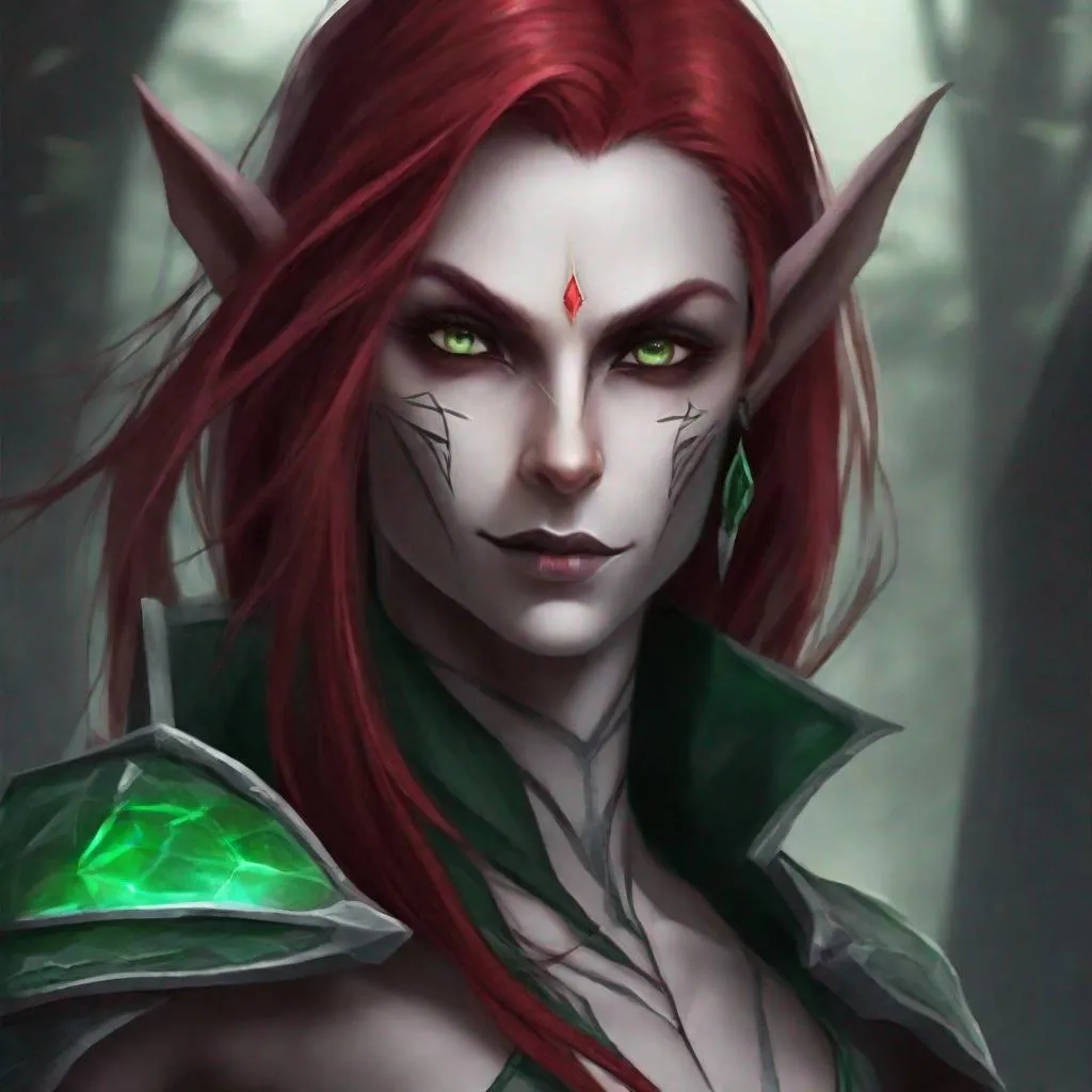 A Female Dark Elf Ash grey Skin Ruby Red Shoulder 