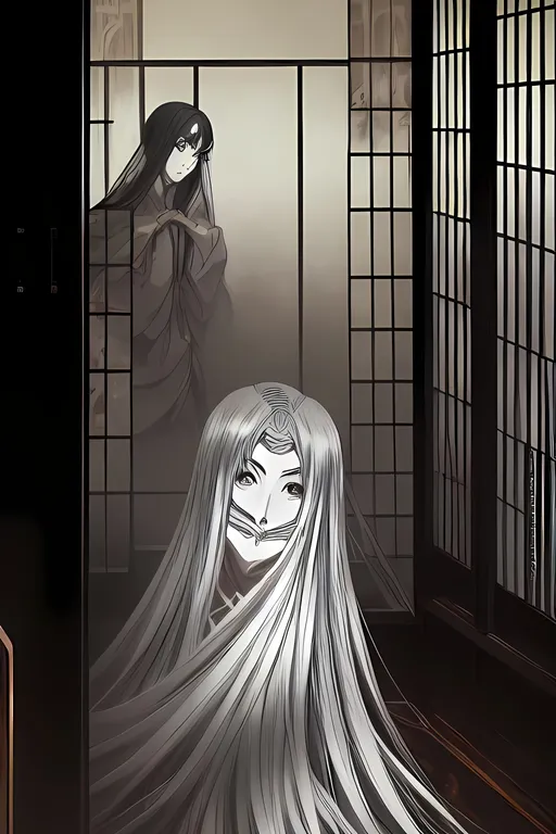 Prompt: anime style masterpiece illustration of (((a female ghost shadow seen through a shoji door)))) in a dark japanese interior, anatomically correct, accurate anatomy, ultra fine details, richly detailed interior, correct architecture, correct furniture, ensure overall good composition, dim lights, haunted, grim, winterish colors, sharp focus, trending on artstation, 8k