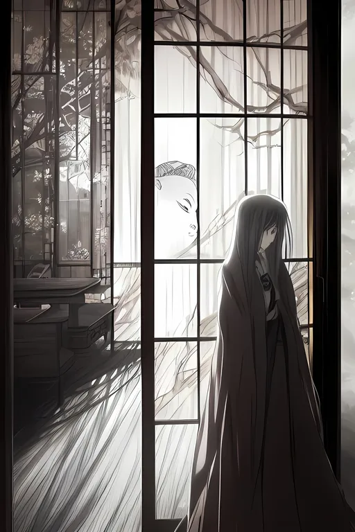 Prompt: anime style masterpiece illustration of (((a female ghost shadow seen through a shoji door)))) in a dark japanese interior, anatomically correct, accurate anatomy, ultra fine details, richly detailed interior, correct architecture, correct furniture, ensure overall good composition, dim lights, haunted, grim, winterish colors, sharp focus, trending on artstation, 8k