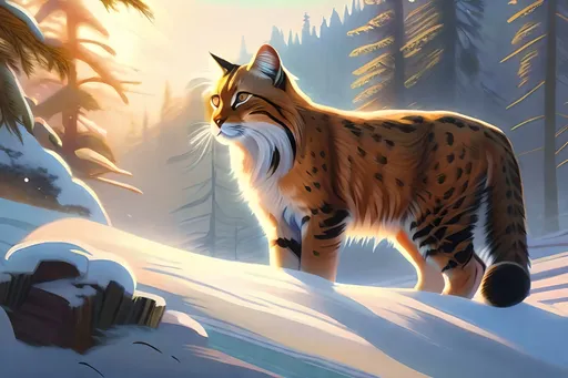 Prompt: concept art painting of one beautiful wild cat enjoying the morning, medium shot, in a vast snowy siberian forest, anime style, anatomically correct, intricate scene, highly detailed nature, peaceful, emotional, ensure overall good composition, ensure overall good proportions, natural light, dim, colors, trending on artstation, 8k