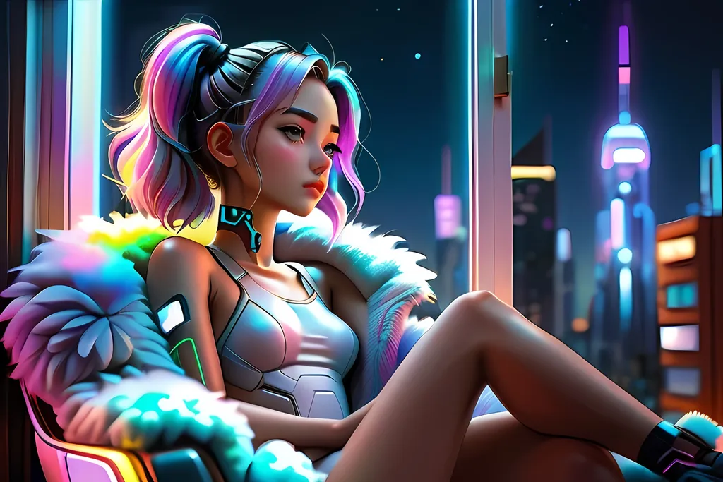 Prompt: anime style masterpiece illustration of one young girl at a window showing a big cyberpunk city at night, the girl is chilling peacefully in a fluffy chair, in a futuristic and cosy interior, colorgrading , anatomically correct, delicate facial features, enhance facial features, accurate anatomy, ultra fine details, correct architecture, correct furniture, ensure overall good composition, vivid colors, soft shimmering, lights, iridescent, sharp focus, trending on artstation, 8k