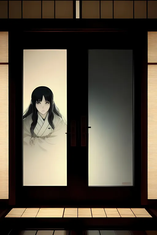 Prompt: anime style masterpiece illustration of (((a female ghost shadow seen through a shoji door)))) in a dark japanese interior, anatomically correct, accurate anatomy, ultra fine details, richly detailed interior, correct architecture, correct furniture, ensure overall good composition, dim lights, haunted, grim, winterish colors, sharp focus, trending on artstation, 8k