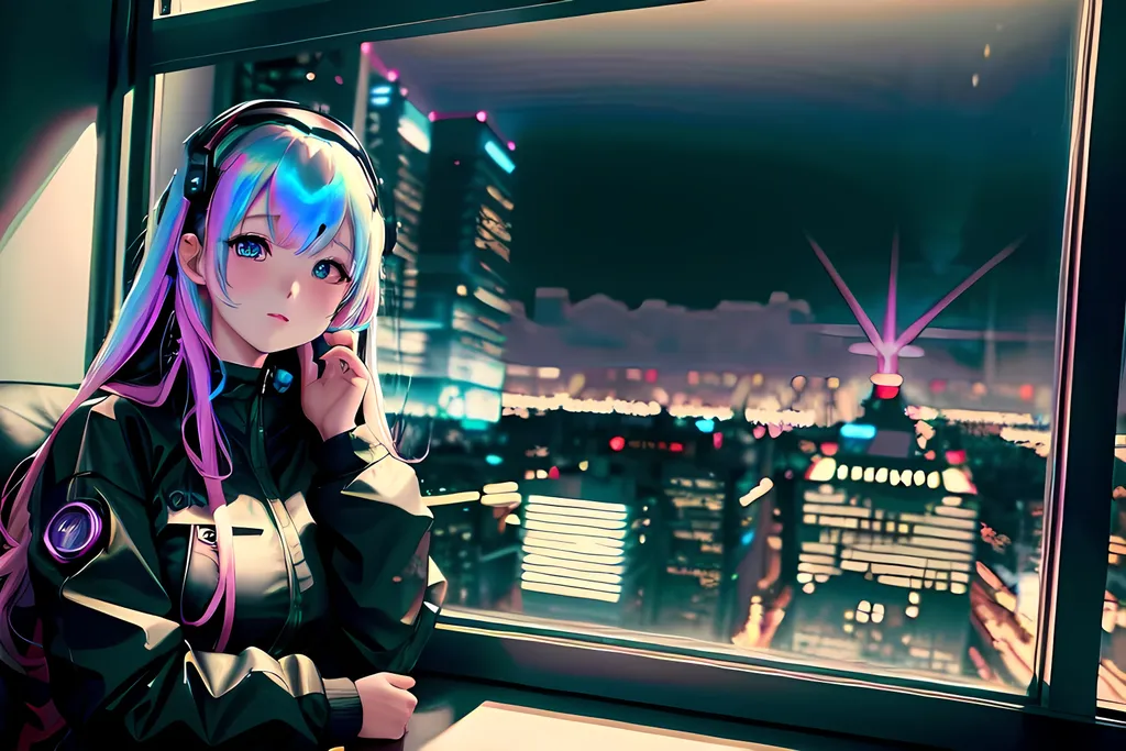 Prompt: anime style masterpiece illustration of one young girl at a window showing a big cyberpunk city at night, the girl is chilling peacefully in a fluffy chair, in a futuristic and cosy interior, colorgrading , anatomically correct, delicate facial features, enhance facial features, accurate anatomy, ultra fine details, correct architecture, correct furniture, ensure overall good composition, vivid colors, soft shimmering, lights, iridescent, sharp focus, trending on artstation, 8k