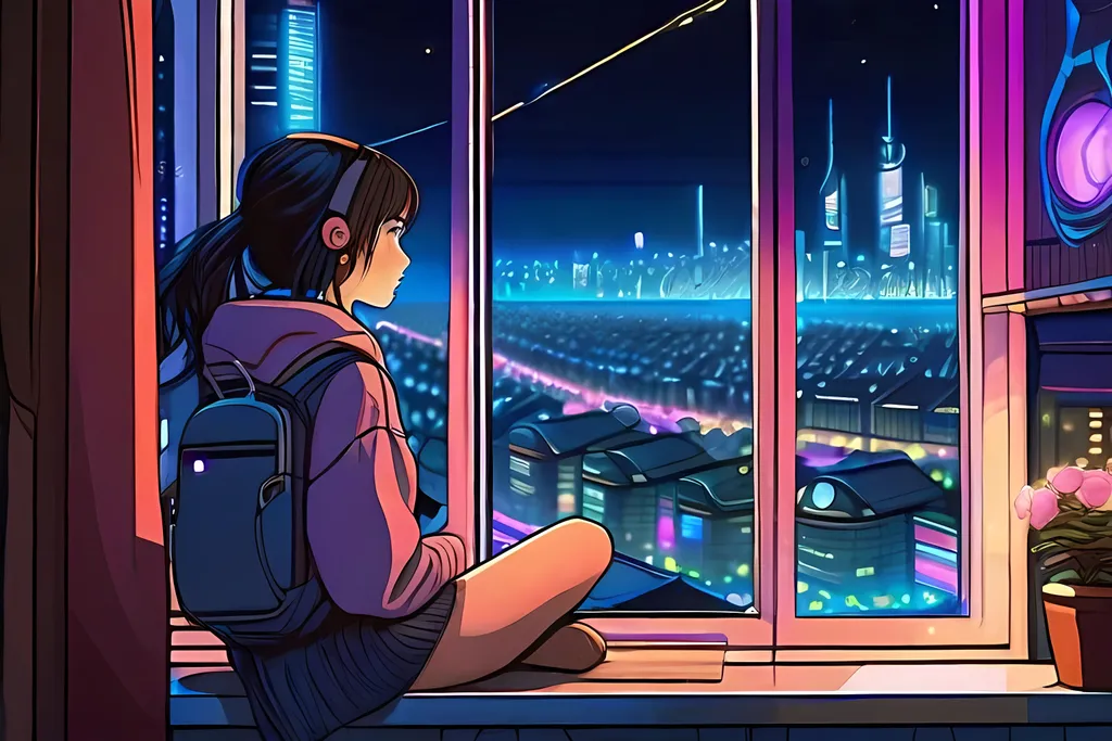 Prompt: anime style masterpiece illustration of one young girl at a window showing a big cyberpunk city at night, the girl is chilling peacefully, in a futuristic and cosy interior, colorgrading , anatomically correct, delicate facial features, enhance facial features, accurate anatomy, ultra fine details, correct architecture, correct furniture, ensure overall good composition, vivid colors, soft shimmering, lights, iridescent, sharp focus, trending on artstation, 8k