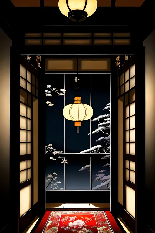 Prompt: anime style masterpiece illustration of a japanese dark interior with a shoji door barely lit by a japanese lamp, a female shadow can be seen through the shoji, anatomically correct, accurate anatomy, ultra fine details, richly detailed interior, correct architecture, correct furniture, ensure overall good composition, dim lights, haunted, grim, winterish colors, sharp focus, trending on artstation, 8k