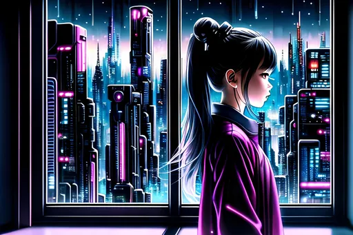 Prompt: anime style masterpiece illustration of one young girl at a window showing a big cyberpunk city at night, the girl is chilling peacefully, in a futuristic and cosy interior, colorgrading , anatomically correct, delicate facial features, enhance facial features, accurate anatomy, ultra fine details, correct architecture, correct furniture, ensure overall good composition, vivid colors, soft shimmering, lights, iridescent, sharp focus, trending on artstation, 8k