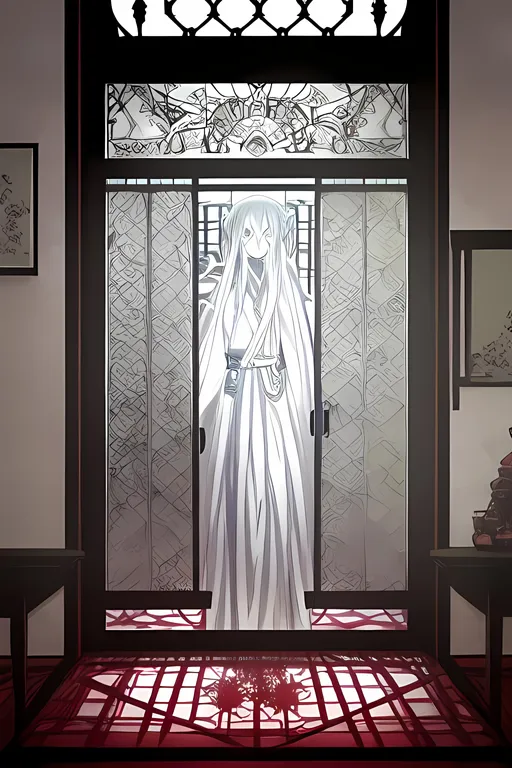 Prompt: anime style masterpiece illustration of (((a female ghost shadow seen through a shoji door)))) in a dark japanese interior, anatomically correct, accurate anatomy, ultra fine details, richly detailed interior, correct architecture, correct furniture, ensure overall good composition, dim lights, haunted, grim, winterish colors, sharp focus, trending on artstation, 8k