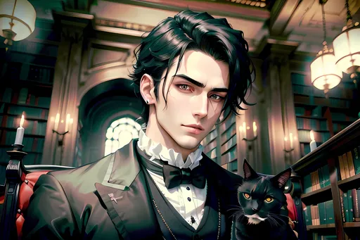 Prompt: anime style masterpiece illustration of one handsome young gothic elegant man sitting in a victorian chair, holding one black cat, medium shot, in a huge library, anatomically correct, delicate facial features, enhance facial features, accurate anatomy, ultra fine details, richly detailed interior, correct architecture, correct furniture, ensure overall good composition, dim lights, haunted, grim, winterish colors, sharp focus, trending on artstation, 8k