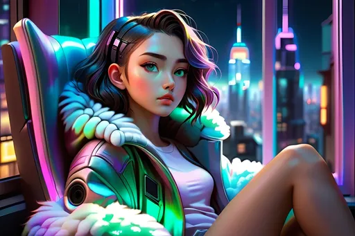 Prompt: anime style masterpiece illustration of one young girl at a window showing a big cyberpunk city at night, the girl is chilling peacefully in a fluffy chair, in a futuristic and cosy interior, colorgrading , anatomically correct, delicate facial features, enhance facial features, accurate anatomy, ultra fine details, correct architecture, correct furniture, ensure overall good composition, vivid colors, soft shimmering, lights, iridescent, sharp focus, trending on artstation, 8k