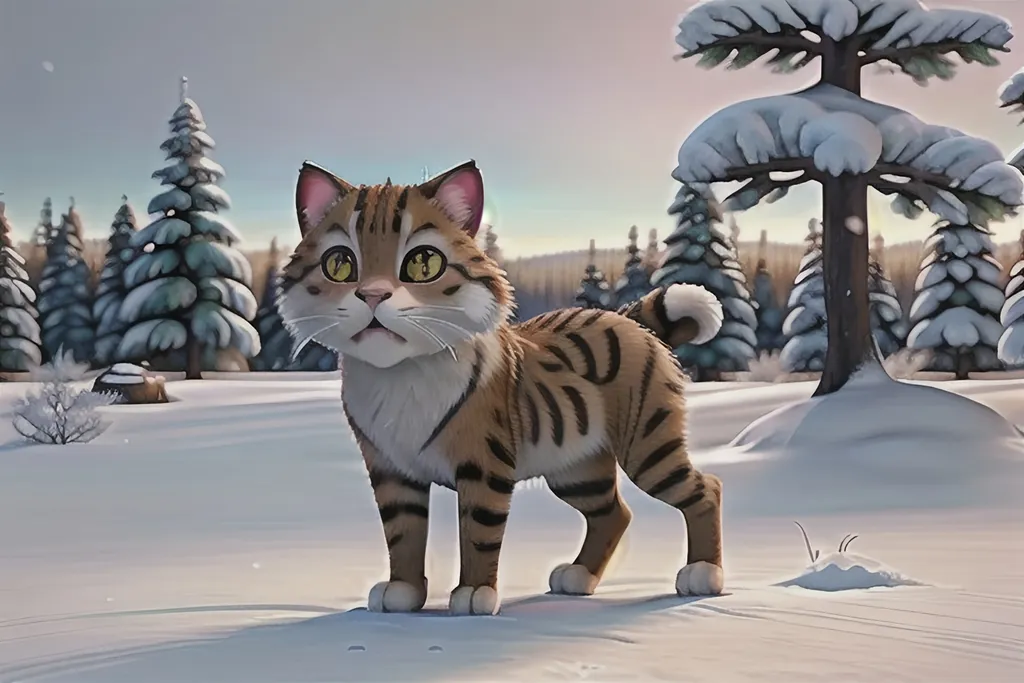 Prompt: concept art painting of one beautiful wild cat enjoying the morning, medium shot, in a vast snowy siberian forest, anime style, anatomically correct, intricate scene, highly detailed nature, peaceful, emotional, ensure overall good composition, ensure overall good proportions, natural light, dim, colors, trending on artstation, 8k