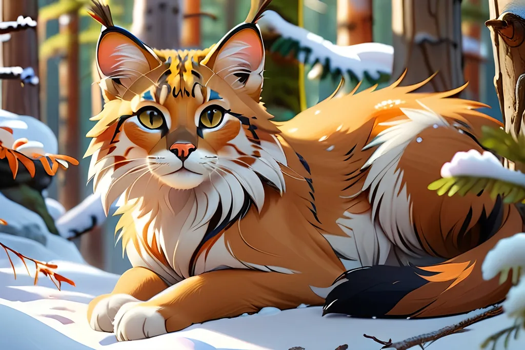 Prompt: concept art painting of one beautiful wild cat enjoying the morning, medium shot, in a vast snowy siberian forest, anime style, anatomically correct, intricate scene, highly detailed nature, peaceful, emotional, ensure overall good composition, ensure overall good proportions, natural light, dim, colors, trending on artstation, 8k