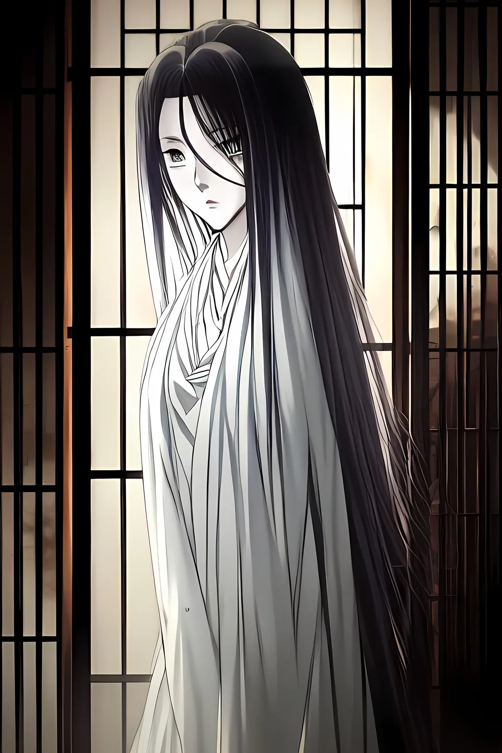 Prompt: anime style masterpiece illustration of (((a female ghost shadow seen through a shoji door)))) in a dark japanese interior, anatomically correct, accurate anatomy, ultra fine details, richly detailed interior, correct architecture, correct furniture, ensure overall good composition, dim lights, haunted, grim, winterish colors, sharp focus, trending on artstation, 8k