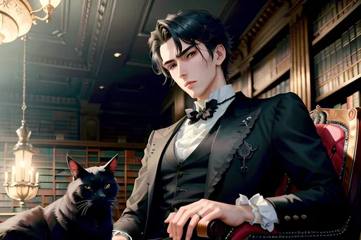 Prompt: anime style masterpiece illustration of one handsome young gothic elegant man sitting in a victorian chair, holding one black cat, medium shot, in a huge library, anatomically correct, delicate facial features, enhance facial features, accurate anatomy, ultra fine details, richly detailed interior, correct architecture, correct furniture, ensure overall good composition, dim lights, haunted, grim, winterish colors, sharp focus, trending on artstation, 8k