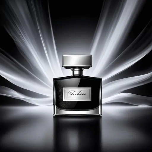 Prompt: Design a sleek and luxurious poster for a perfume, using a black, silver, and white color scheme to evoke elegance and sophistication. The perfume bottle should be the central focus, placed against a modern black background with subtle metallic textures or gradients. Use silver and white accents to highlight the contours of the bottle and create a sense of depth. Incorporate creative lighting effects, such as soft spotlights or reflections, to give the design a futuristic and innovative touch. The brand or perfume name should be written in a bold, stylish font, with a metallic silver or white finish, and positioned elegantly at the top or bottom of the poster. The overall design should be minimalistic yet eye-catching, capturing attention with its bold contrast and modern aesthetic.