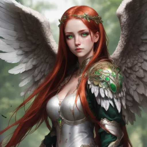 Prompt: Female, angel, tall, thin build, long bright red hair, heterochromia (one eye is brown the other is green), freckled, fair skinned, grey angel wings with green tips, curvy, snarky, beautiful, outgoing, confident, forgetful, pretty, smartass, paladin