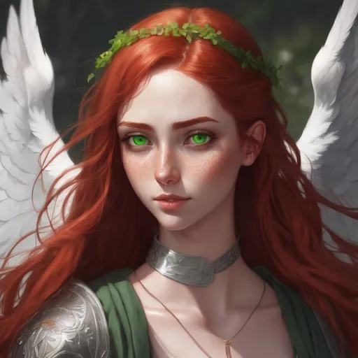 Prompt: Female, angel, tall, thin build, long bright red hair, heterochromia (one eye is brown the other is green), freckled, fair skinned, grey angel wings with green tips, curvy, snarky, beautiful, outgoing, confident, forgetful, pretty, smartass, paladin, dnd