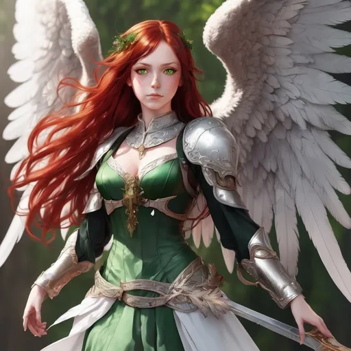 Prompt: Female, angel, tall, thin build, long bright red hair, heterochromia (one eye is brown the other is green), freckled, fair skinned, grey angel wings with green tips, curvy, snarky, beautiful, outgoing, confident, forgetful, pretty, smartass, paladin