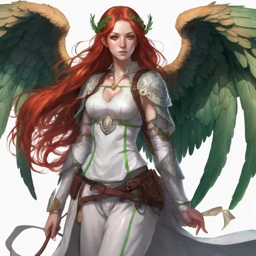 Prompt: Female, angel, tall, thin build, long bright red hair, heterochromia (one eye is brown the other is green), freckled, fair skinned, grey angel wings with green tips, curvy, snarky, beautiful, outgoing, confident, forgetful, pretty, smartass, paladin, dnd