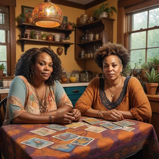 Prompt: Two middle-age African-American women sitting at the kitchen table with a  Bohemian style tablecloth, reading tarot cards
