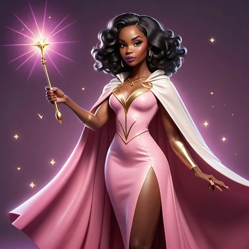 Prompt: Create an animated cartoon-style image of an African-American female magician with shoulder-length wavy black hair and a shapely body. She is wearing a tight pink dress with a white cape. Her right arm is extended upward, holding a magic wand, while her left arm points toward the floor. A small gold infinity sign floats above her head. In front of her, there’s a table with a pentacle, a cup, a stick, and a sharp knife. Behind her, a cauldron bubbles in the fireplace. The scene is set in a cement basement, with walls covered in wooden bookshelves overflowing with old and antique books. Midday sunlight streams through a small basement window, casting a soft glow into the room