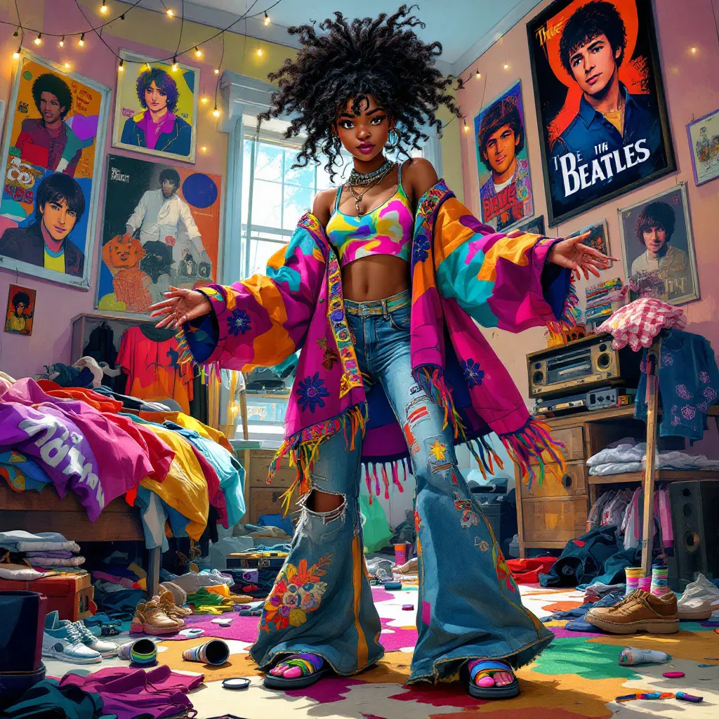 Prompt: An image of an African-American teenage girl with curly hair in a messy ponytail, dressed, in a hippie style standing in a messy, colorful bedroom with lots of clothes and shoes on the floor with posters of boy bands, on the wall, record player in the corner speakers fairy lights, she’s pulling a vinyl record out of an album sleeve, illustrative realism art style